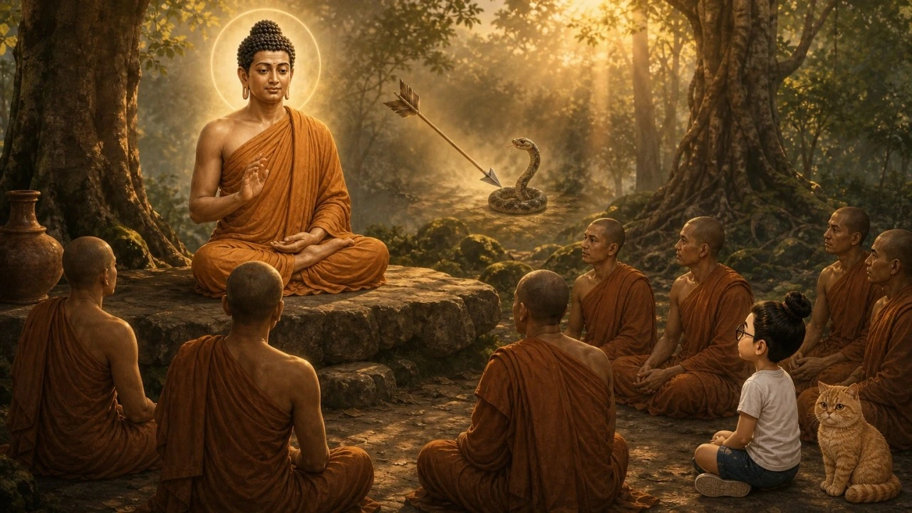 Ilustrasi pendamping Majjhima Nikāya MN 105, dengan Bunbun dan kucingnya sebagai saksi