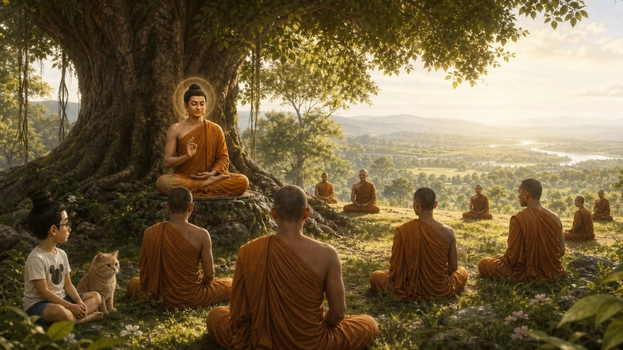 Ilustrasi pendamping Majjhima Nikāya MN 106, dengan Bunbun dan kucingnya sebagai saksi