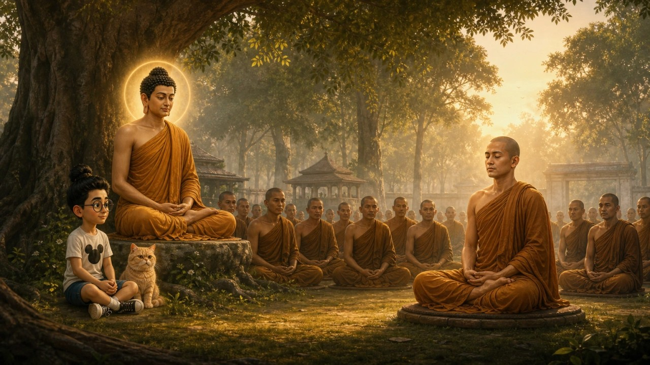 Ilustrasi pendamping Majjhima Nikāya MN 111, dengan Bunbun dan kucingnya sebagai saksi