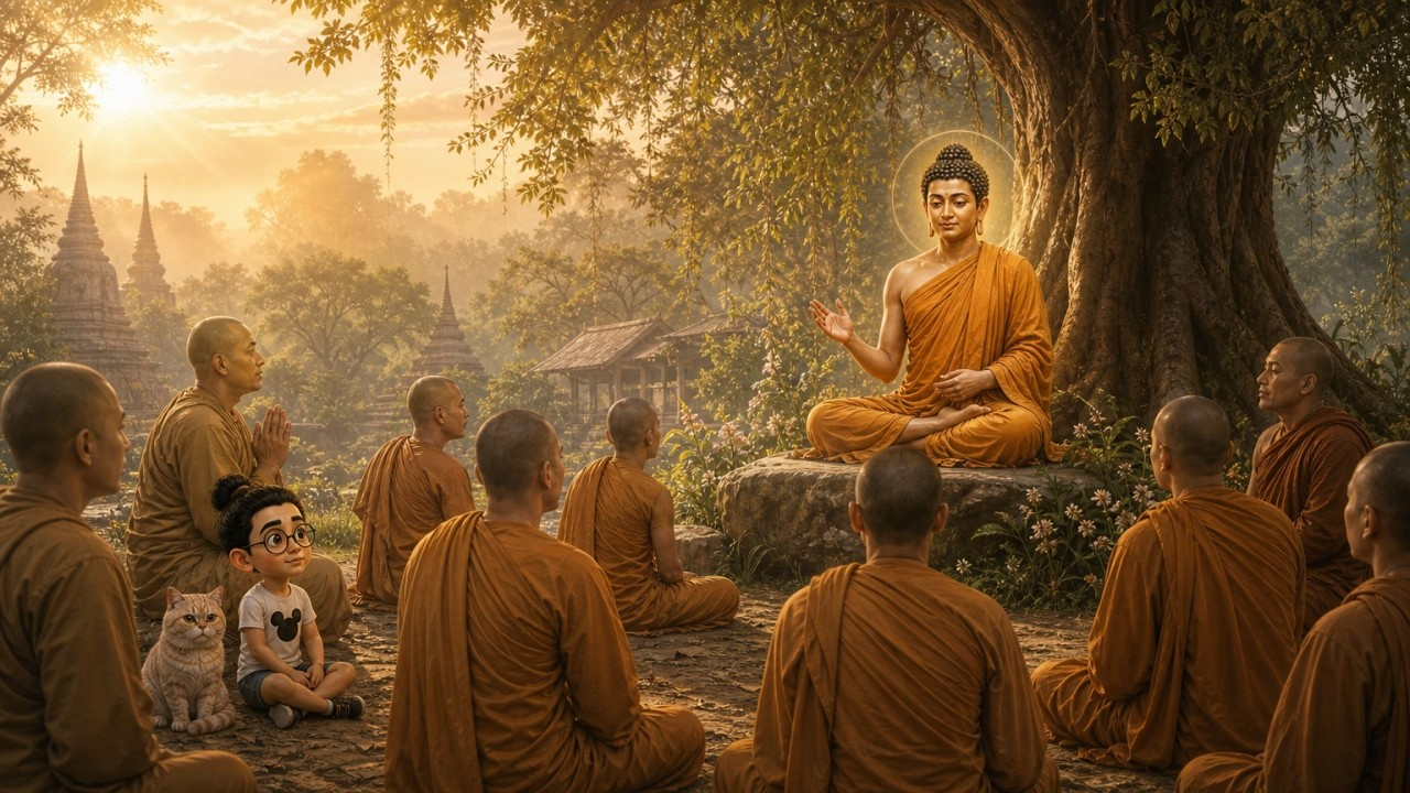 Ilustrasi pendamping Majjhima Nikāya MN 113, dengan Bunbun dan kucingnya sebagai saksi