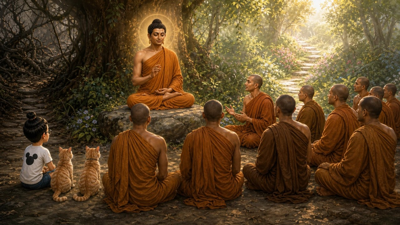 Ilustrasi pendamping Majjhima Nikāya MN 114, dengan Bunbun dan kucingnya sebagai saksi