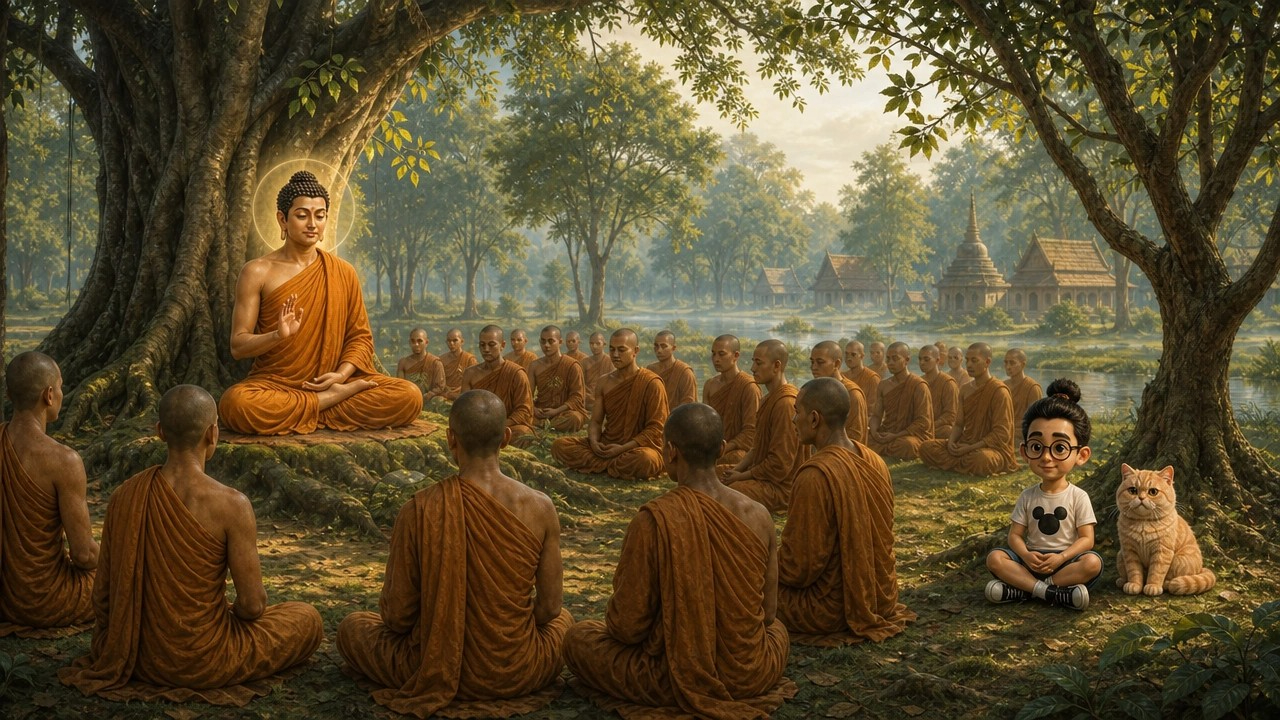 Ilustrasi pendamping Majjhima Nikāya MN 118, dengan Bunbun dan kucingnya sebagai saksi