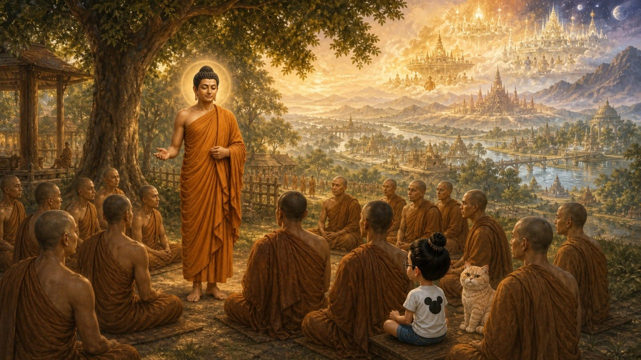 Ilustrasi pendamping Majjhima Nikāya MN 120, dengan Bunbun dan kucingnya sebagai saksi