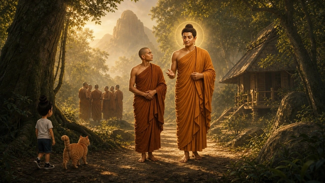 Ilustrasi pendamping Majjhima Nikāya MN 122, dengan Bunbun dan kucingnya sebagai saksi