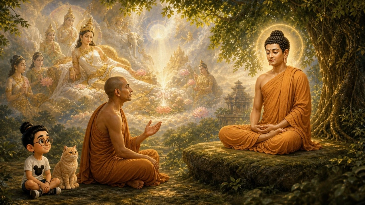 Ilustrasi pendamping Majjhima Nikāya MN 123, dengan Bunbun dan kucingnya sebagai saksi