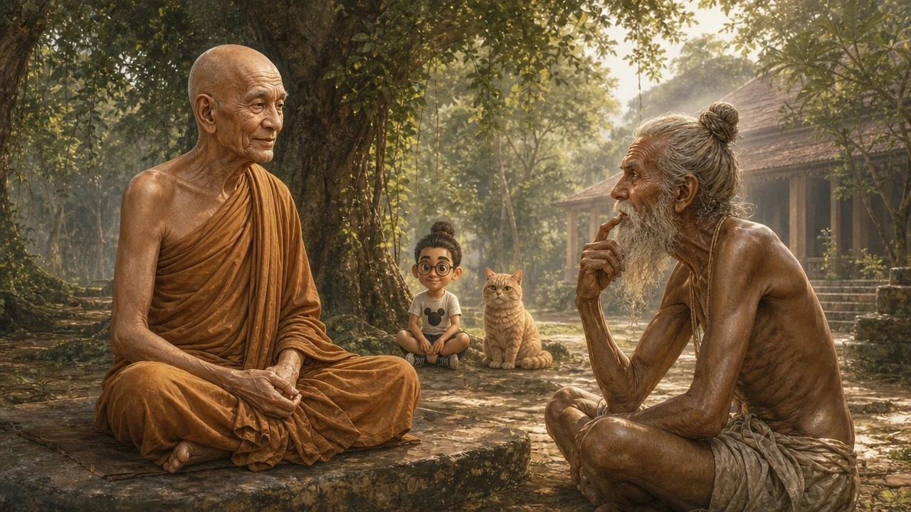 Ilustrasi pendamping Majjhima Nikāya MN 124, dengan Bunbun dan kucingnya sebagai saksi