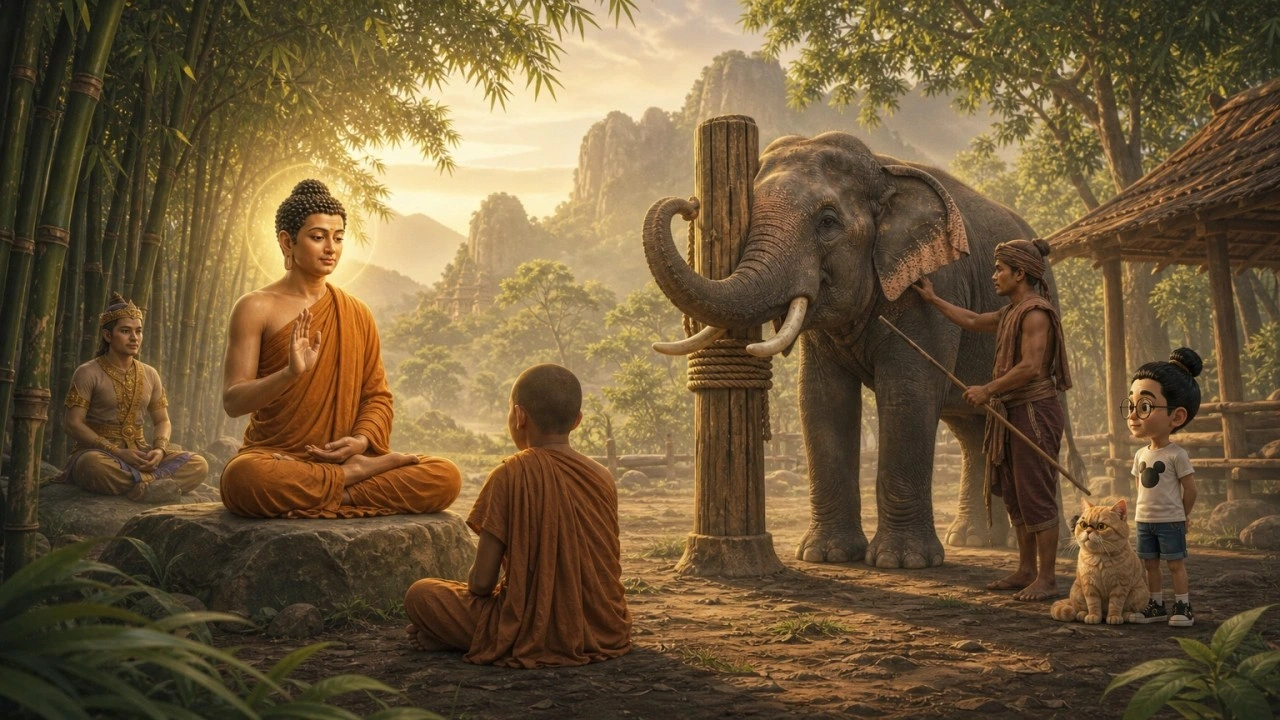 Ilustrasi pendamping Majjhima Nikāya MN 125, dengan Bunbun dan kucingnya sebagai saksi