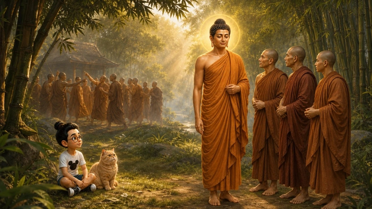Ilustrasi pendamping Majjhima Nikāya MN 128, dengan Bunbun dan kucingnya sebagai saksi