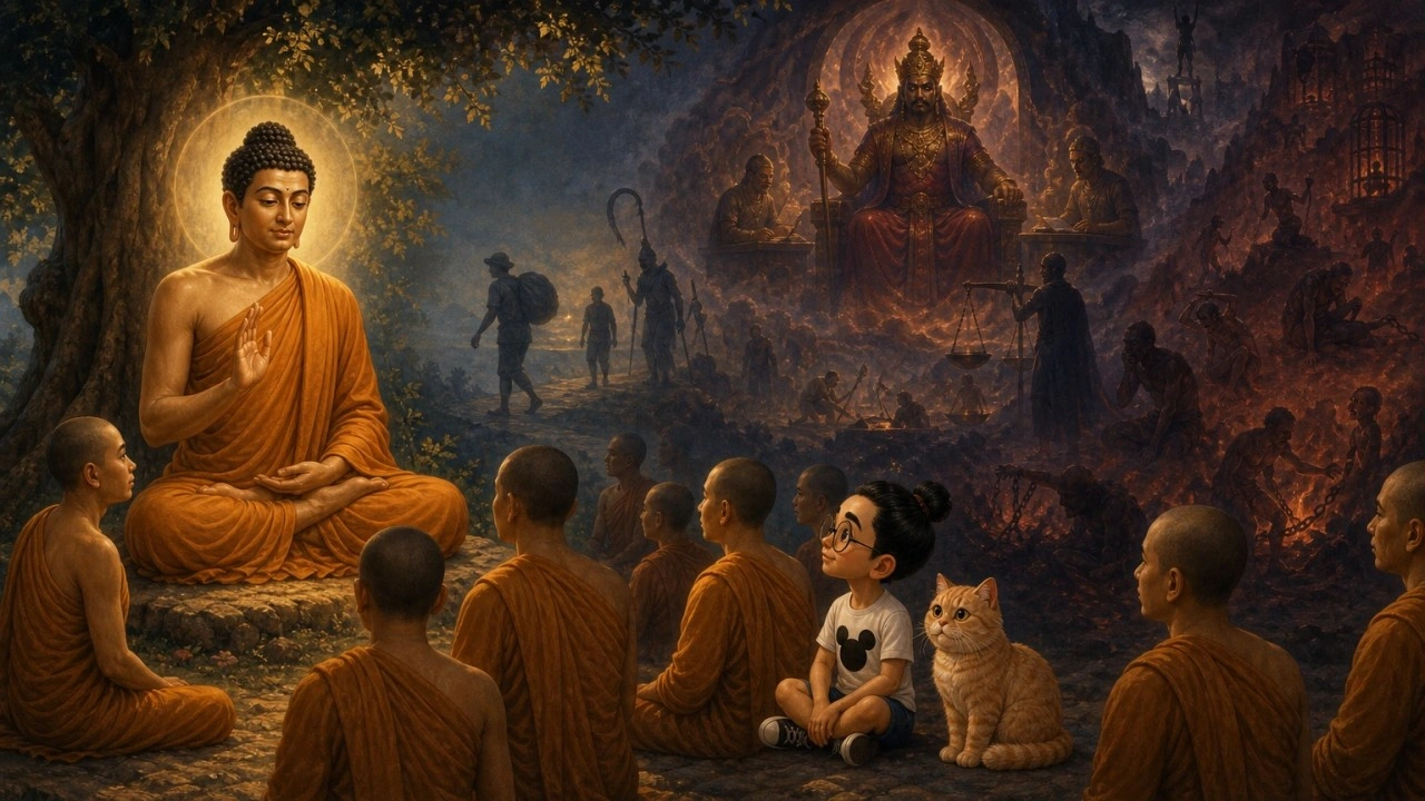 Ilustrasi pendamping Majjhima Nikāya MN 130, dengan Bunbun dan kucingnya sebagai saksi