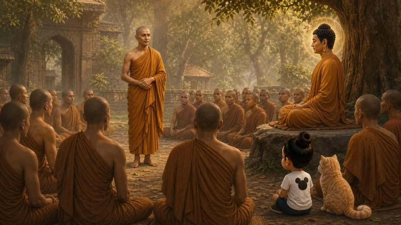Ilustrasi pendamping Majjhima Nikāya MN 132, dengan Bunbun dan kucingnya sebagai saksi
