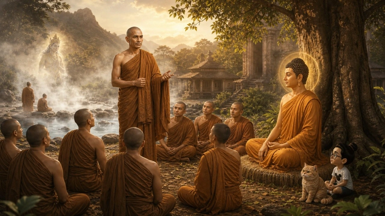 Ilustrasi pendamping Majjhima Nikāya MN 133, dengan Bunbun dan kucingnya sebagai saksi