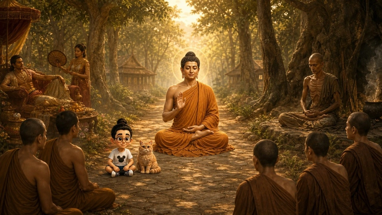 Ilustrasi pendamping Majjhima Nikāya MN 139, dengan Bunbun dan kucingnya sebagai saksi