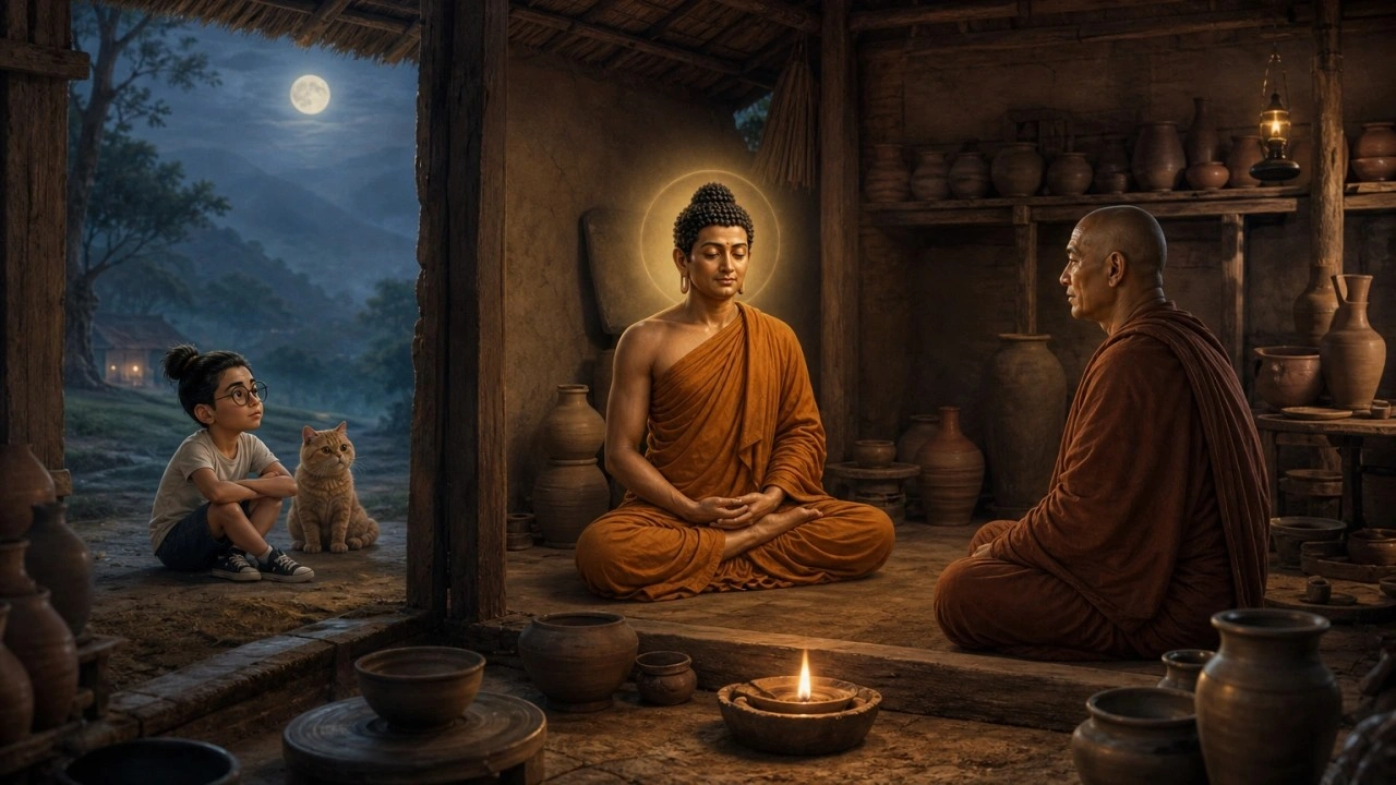 Ilustrasi pendamping Majjhima Nikāya MN 140, dengan Bunbun dan kucingnya sebagai saksi