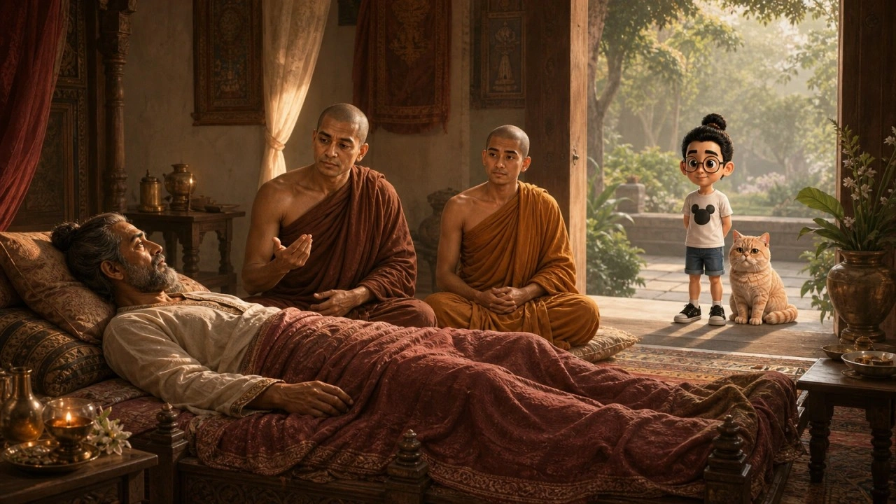 Ilustrasi pendamping Majjhima Nikāya MN 143, dengan Bunbun dan kucingnya sebagai saksi