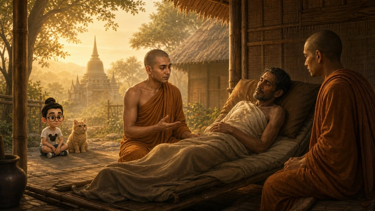 Ilustrasi pendamping Majjhima Nikāya MN 144, dengan Bunbun dan kucingnya sebagai saksi