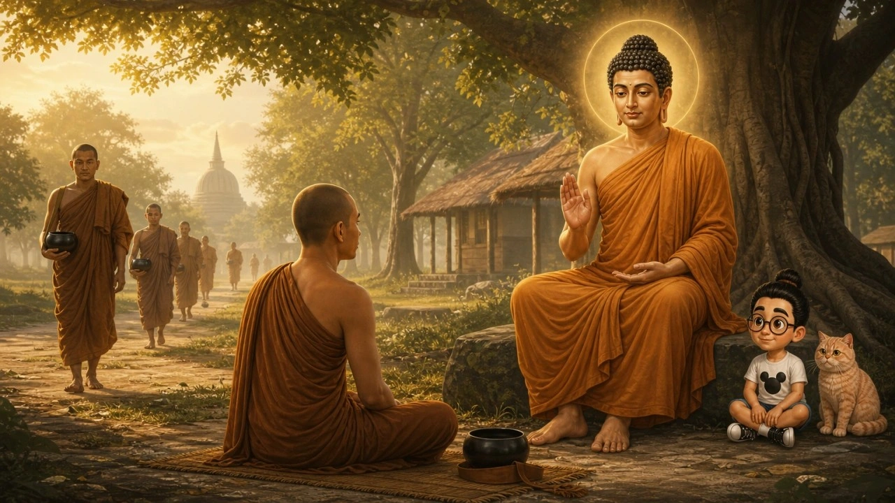 Ilustrasi pendamping Majjhima Nikāya MN 151, dengan Bunbun dan kucingnya sebagai saksi